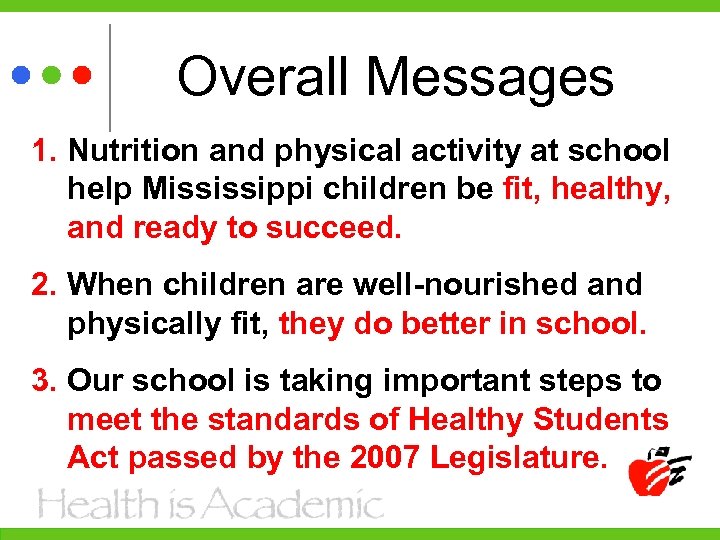 Overall Messages 1. Nutrition and physical activity at school help Mississippi children be fit,