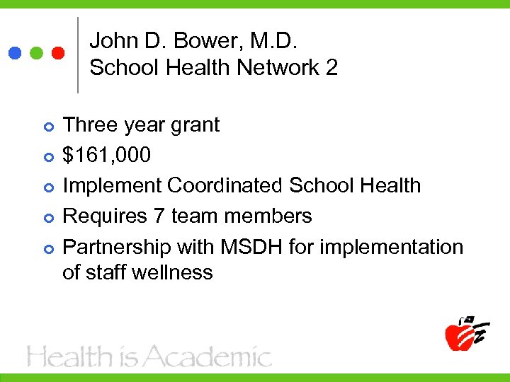 John D. Bower, M. D. School Health Network 2 Three year grant $161, 000