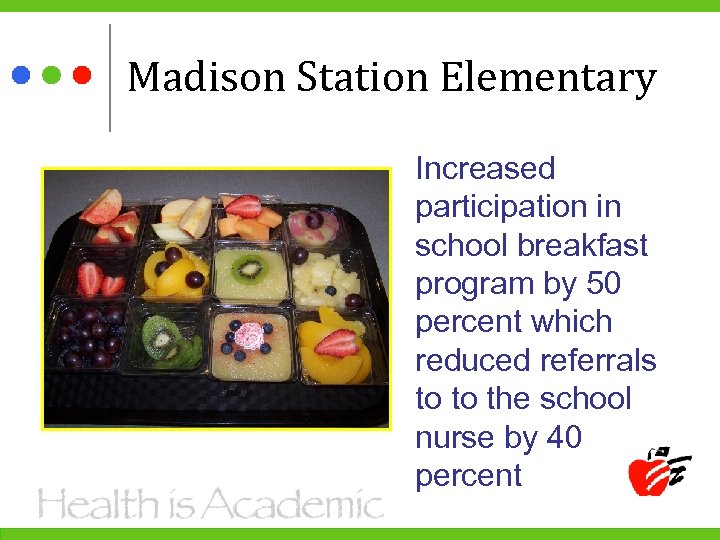Madison Station Elementary Increased participation in school breakfast program by 50 percent which reduced