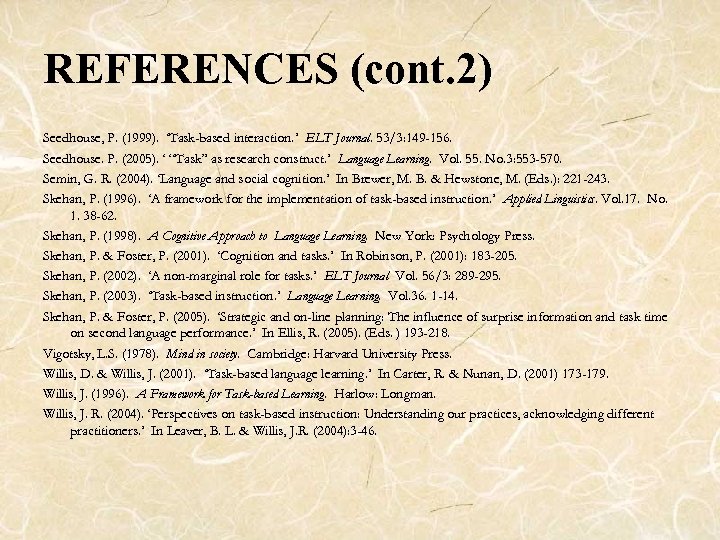 REFERENCES (cont. 2) Seedhouse, P. (1999). ‘Task-based interaction. ’ ELT Journal. 53/3: 149 -156.