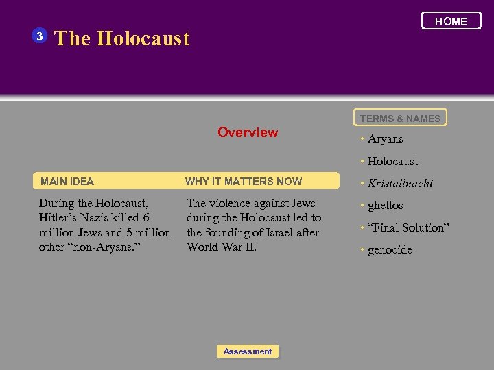 3 HOME The Holocaust TERMS & NAMES Overview • Aryans • Holocaust MAIN IDEA