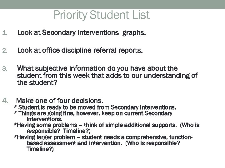 Priority Student List 1. Look at Secondary Interventions graphs. 2. Look at office discipline