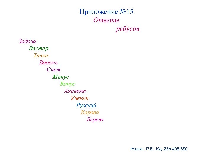 Приложение № 15 Ответы ребусов Задача Вектор Точка Восемь Счет Минус Конус Аксиома Ученик