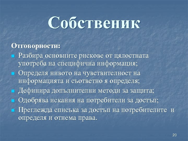 Собственик Отговорности: n Разбира основните рискове от цялостната употреба на специфична информация; n Определя