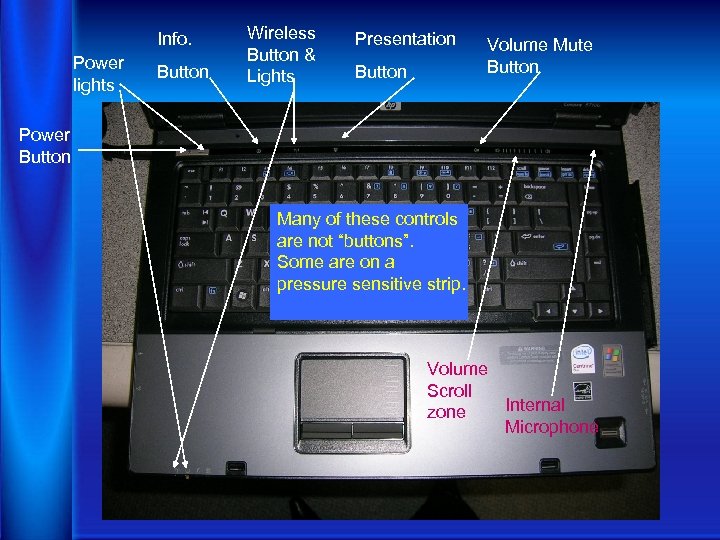 Info. Power lights Button Wireless Button & Lights Presentation Button Volume Mute Button Power