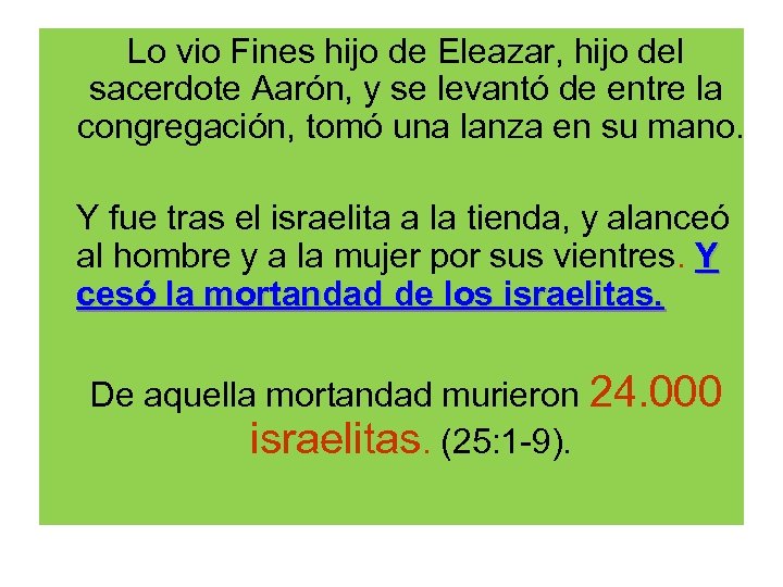 Lo vio Fines hijo de Eleazar, hijo del sacerdote Aarón, y se levantó de