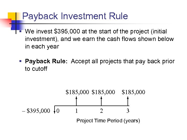 Payback Investment Rule § We invest $395, 000 at the start of the project