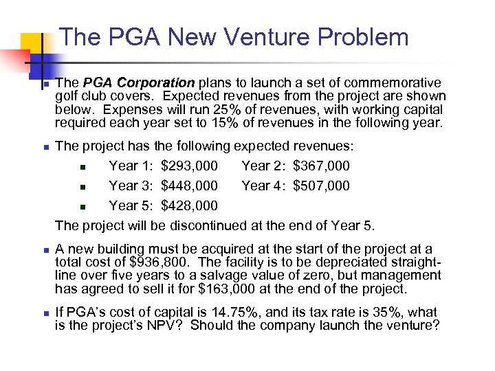 The PGA New Venture Problem n n The PGA Corporation plans to launch a