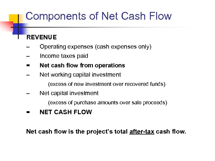 Components of Net Cash Flow REVENUE – Operating expenses (cash expenses only) – Income