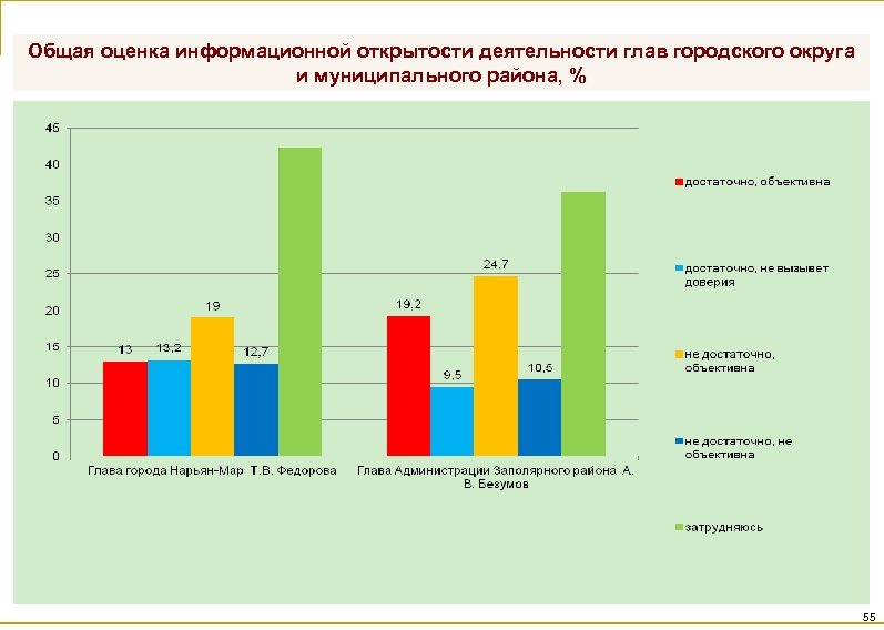 Общая оценка информационной открытости деятельности глав городского округа и муниципального района, % 55 