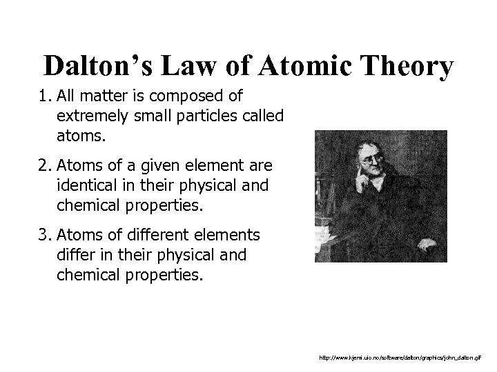 Dalton’s Law of Atomic Theory 1. All matter is composed of extremely small particles
