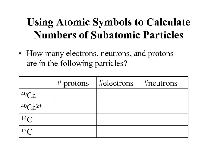 Using Atomic Symbols to Calculate Numbers of Subatomic Particles • How many electrons, neutrons,