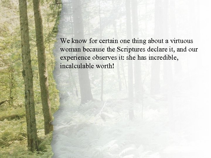 Intro We know for certain one thing about a virtuous woman because the Scriptures