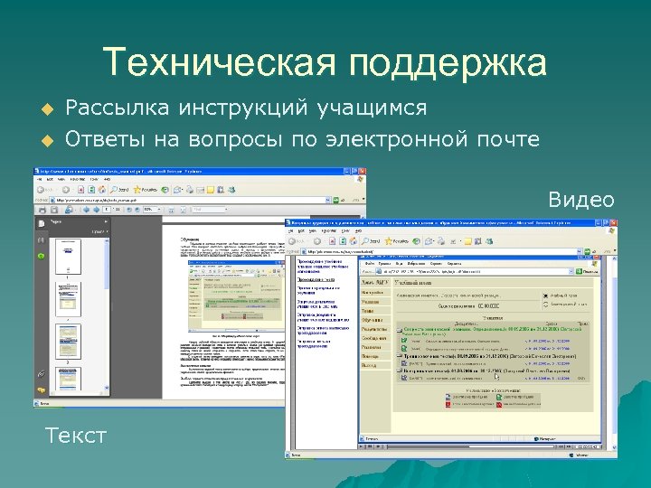 Техническая поддержка u u Рассылка инструкций учащимся Ответы на вопросы по электронной почте Видео