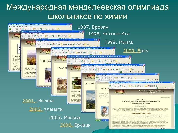Международная менделеевская олимпиада школьников по химии 1997, Ереван 1998, Чолпон-Ата 1999, Минск 2000, Баку