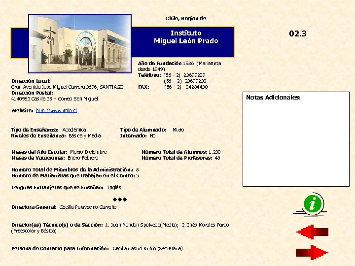 Chile, Región de Instituto Miguel León Prado Dirección Local: Gran Avenida José Miguel Carrera