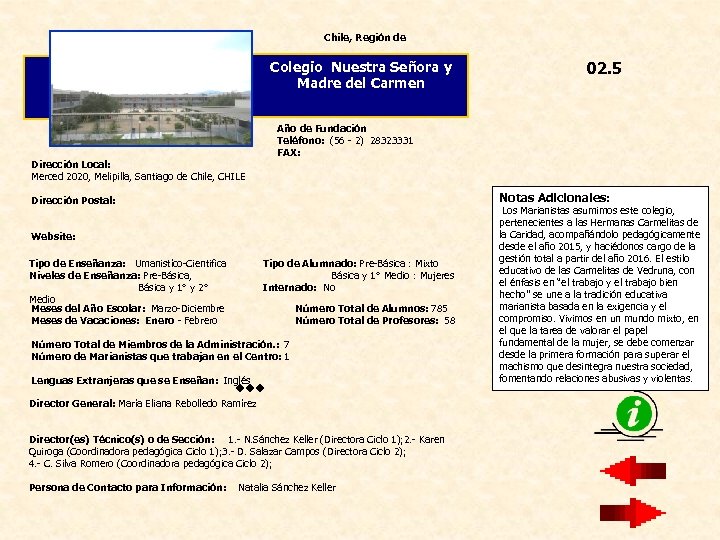 Chile, Región de 02. 5 Colegio Nuestra Señora y Madre del Carmen Año de