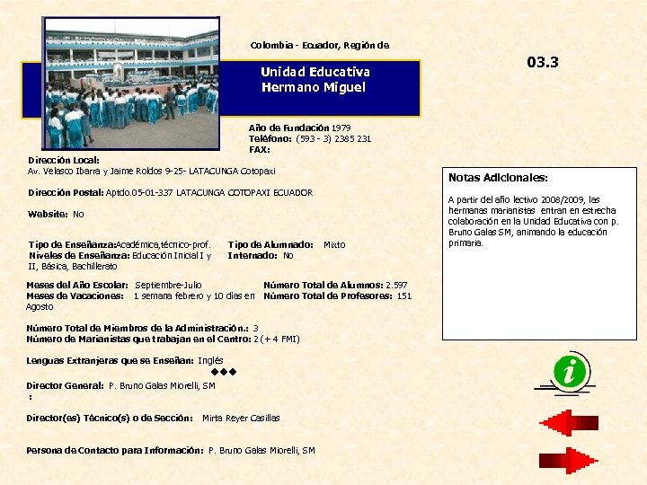 Colombia - Ecuador, Región de 03. 3 Unidad Educativa Hermano Miguel Año de Fundación