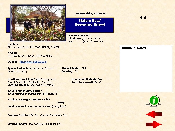 Eastern Africa, Region of Matero Boys' Secondary School Year Founded: 1966 Telephone: (260 -