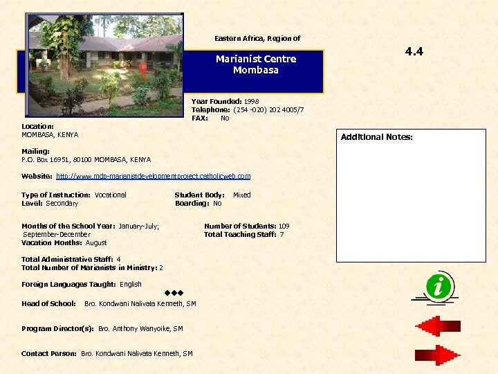 Eastern Africa, Region of 4. 4 Marianist Centre Mombasa Year Founded: 1998 Telephone: (254