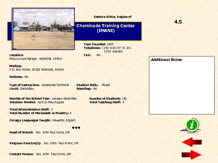 Eastern Africa, Region of Chaminade Training Center (IMANI) Year Founded: 1989 Telephone: (254 -020)