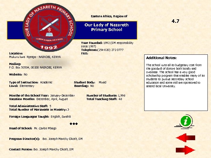 Eastern Africa, Region of Our Lady of Nazareth Primary School 4. 7 Year Founded: