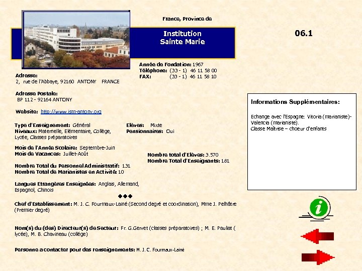 France, Province de Institution Sainte Marie Année de Fondation: 1967 Téléphone: (33 - 1)