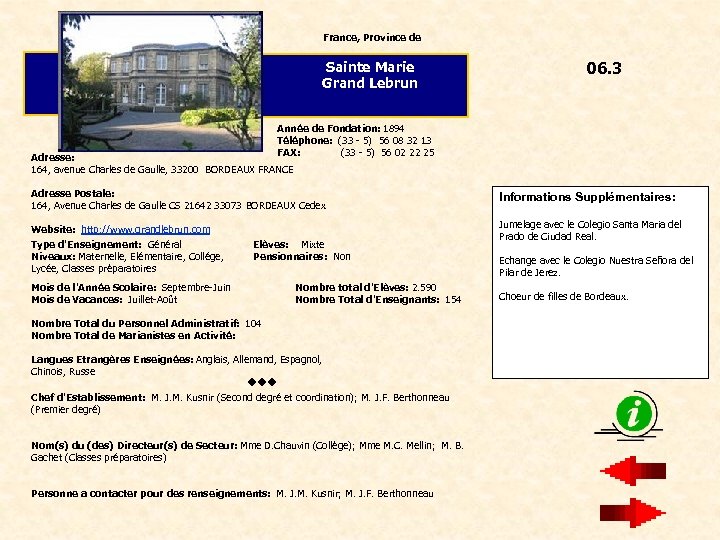 France, Province de Sainte Marie Grand Lebrun 06. 3 Année de Fondation: 1894 Téléphone: