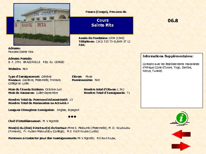 France (Congo), Province de Cours Sainte Rita Année de Fondation: 1994 (1946) Téléphone: (242)
