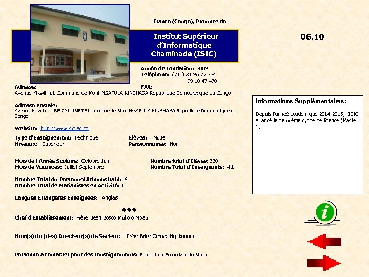 France (Congo), Province de Institut Supérieur d’Informatique Chaminade (ISIC) 06. 10 Année de Fondation: