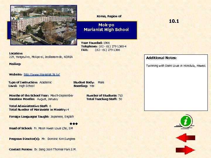 Korea, Region of Mok-po Marianist High School 10. 1 Year Founded: 1966 Telephone: (82
