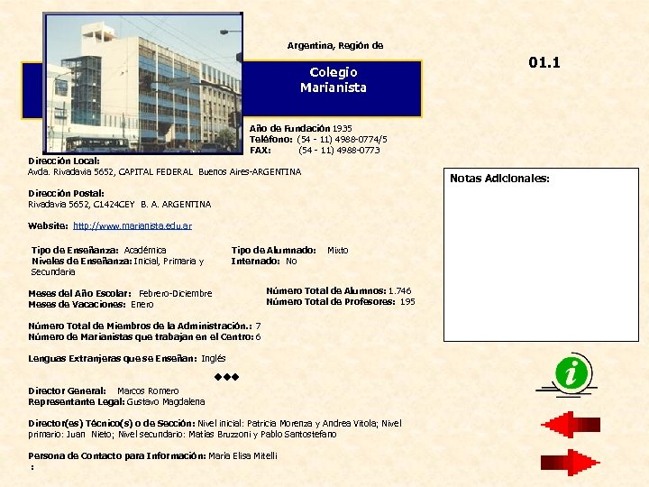 Argentina, Región de Colegio Marianista 01. 1 Año de Fundación 1935 Teléfono: (54 -