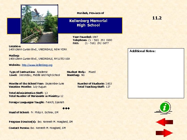 Meribah, Province of Kellenberg Memorial High School Year Founded: 1987 Telephone: (1 - 516)