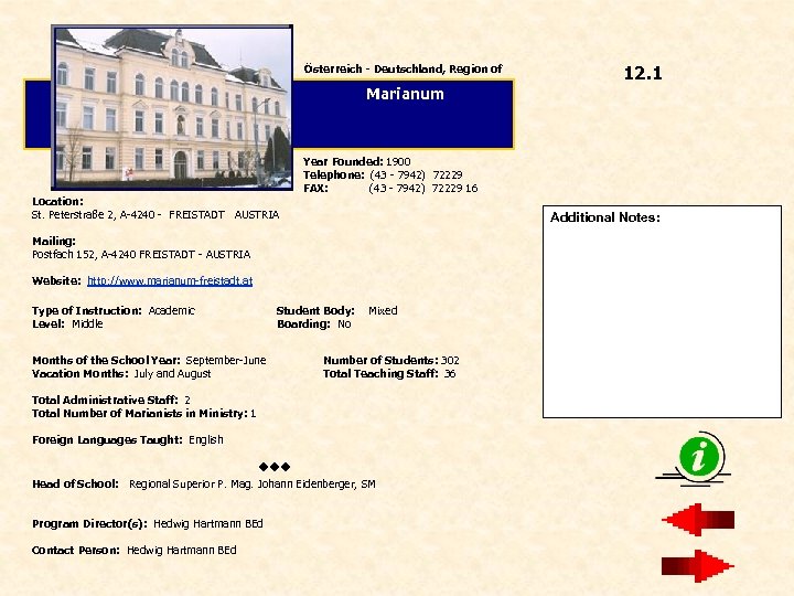 Österreich - Deutschland, Region of 12. 1 Marianum Location: St. Peterstraße 2, A-4240 -