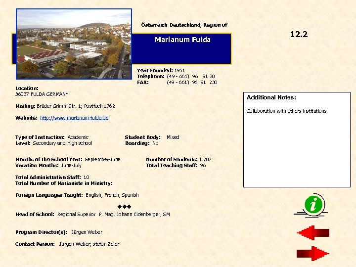 Österreich-Deutschland, Region of Marianum Fulda 12. 2 Year Founded: 1951 Telephone: (49 - 661)