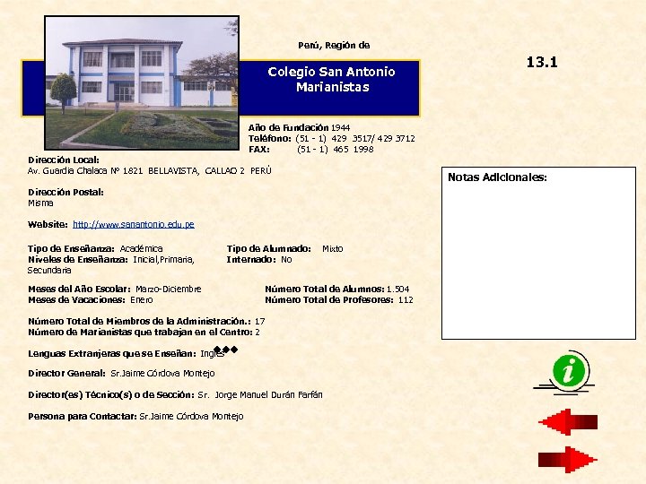 Perú, Región de Colegio San Antonio Marianistas 13. 1 Año de Fundación 1944 Teléfono: