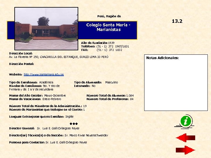 Perú, Región de Colegio Santa María Marianistas 13. 2 Año de Fundación 1939 Teléfono: