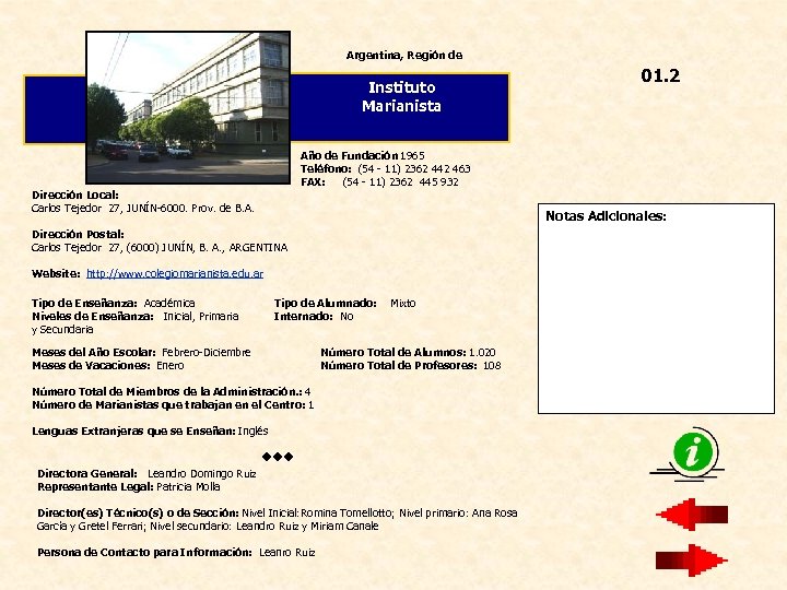 Argentina, Región de Instituto Marianista 01. 2 Año de Fundación 1965 Teléfono: (54 -