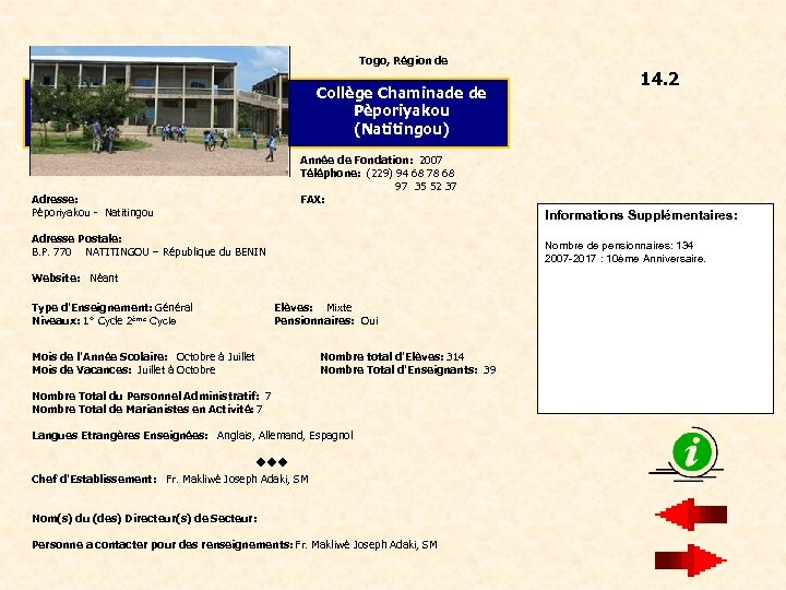 Togo, Région de Collège Chaminade de Pèporiyakou (Natitingou) 14. 2 Année de Fondation: 2007