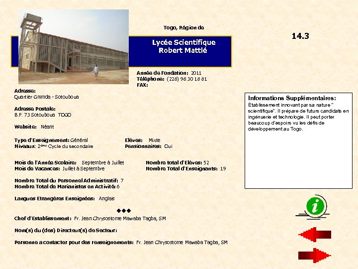 Togo, Région de Lycée Scientifique Robert Mattlé 14. 3 Année de Fondation: 2011 Téléphone: