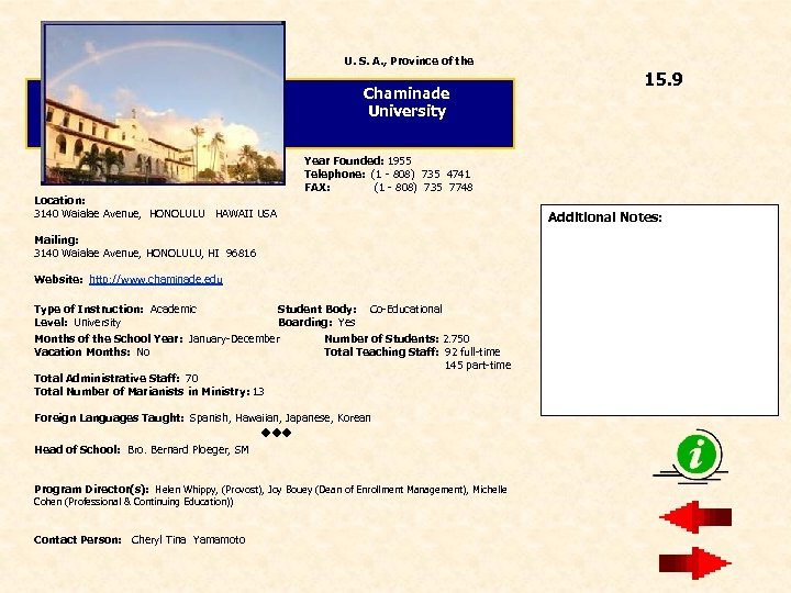 U. S. A. , Province of the Chaminade University Year Founded: 1955 Telephone: (1