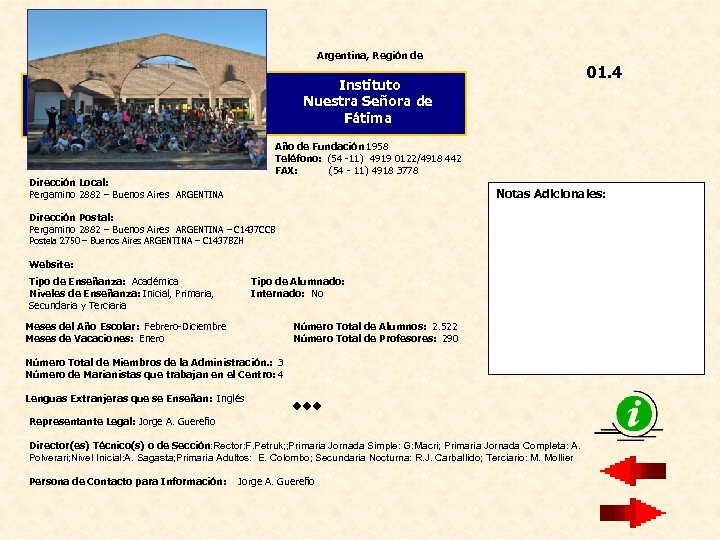 Argentina, Región de 01. 4 Instituto Nuestra Señora de Fátima Dirección Local: Pergamino 2882
