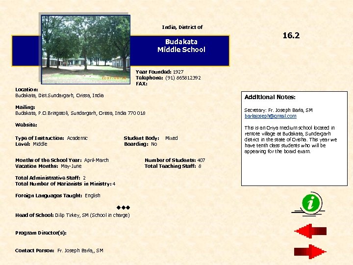India, District of Budakata Middle School Year Founded: 1927 Telephone: (91) 865812392 FAX: Location: