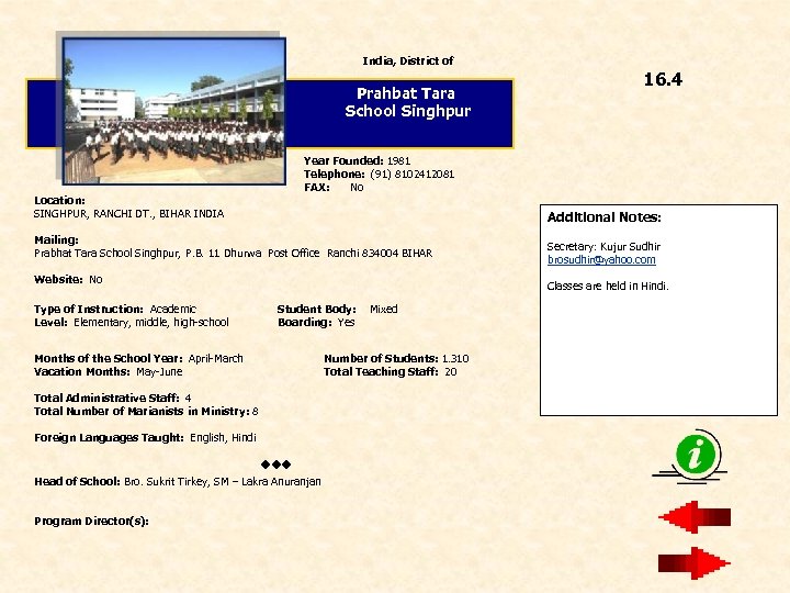 India, District of Prahbat Tara School Singhpur Year Founded: 1981 Telephone: (91) 8102412081 FAX: