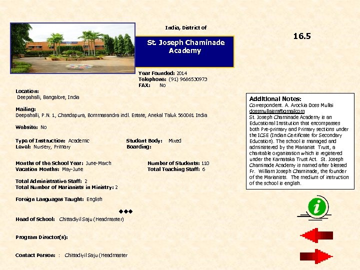 India, District of St. Joseph Chaminade Academy 16. 5 Year Founded: 2014 Telephone: (91)