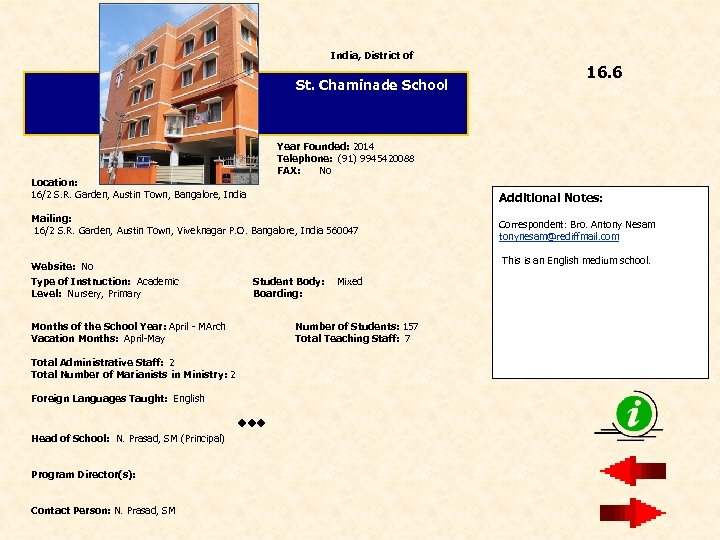 India, District of St. Chaminade School Year Founded: 2014 Telephone: (91) 9945420088 FAX: No