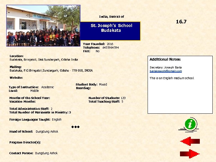 India, District of St. Joseph’s School Budakata 16. 7 Year Founded: 2016 Telephone: 8455984594