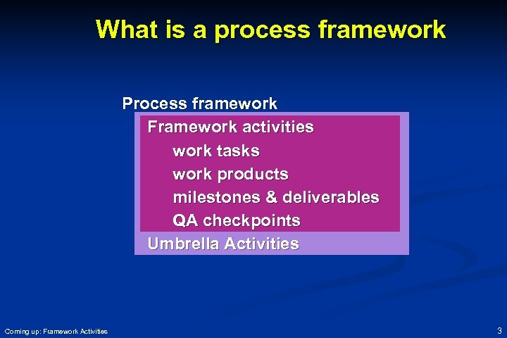What is a process framework Process framework Framework activities work tasks work products milestones