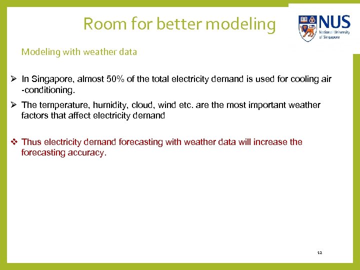 Room for better modeling Modeling with weather data Ø In Singapore, almost 50% of