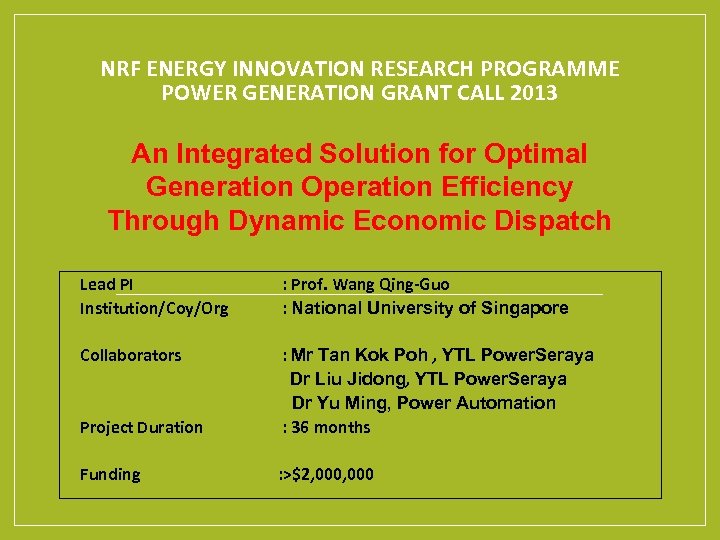 NRF ENERGY INNOVATION RESEARCH PROGRAMME POWER GENERATION GRANT CALL 2013 An Integrated Solution for